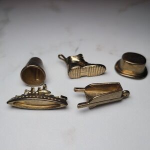 Gold Toned Replacement Monopoly Tokens Ship Shoe Hat Wheelbarrow Thimble